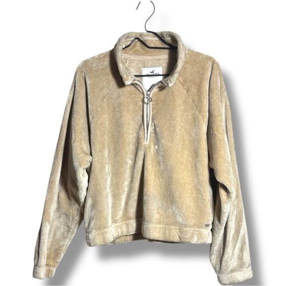 Hollister Super Soft Large Cozy Tan Faux Fur Quarter-Zip Pullover Fleece - Picture 3 of 15